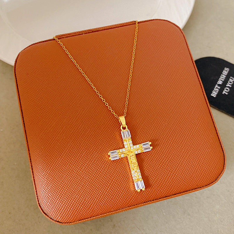 Sporty Sweet 18K Gold Plated Cross Titanium Steel Necklace with Cubic Zirconia for Women