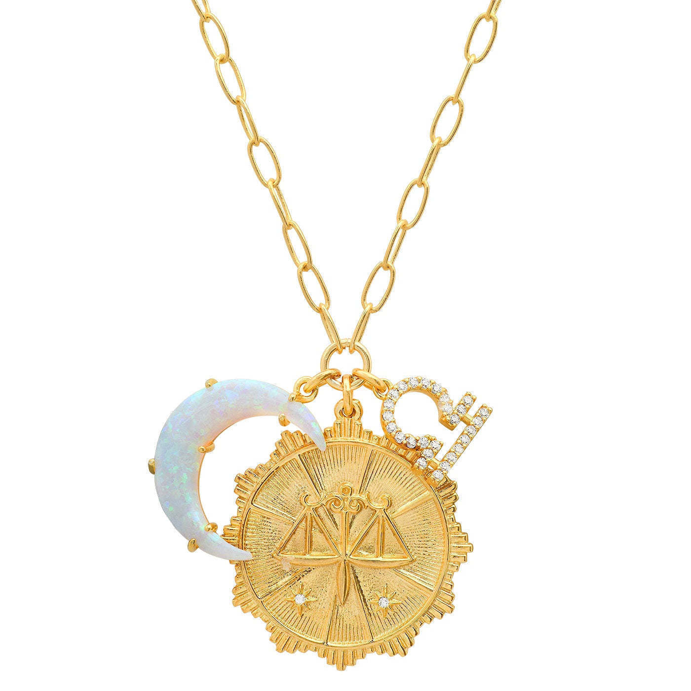 Collana con Pendente Vintage Segno Zodiacale Luna con Opale in Rame con Zirconi Micro-Pave, a Mezzaluna, Catenina Regolabile per Clavicola