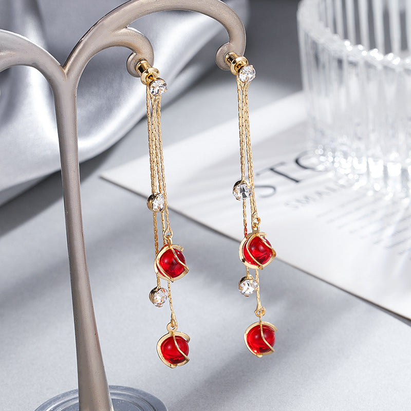 Sweet Geometric Rhinestone and Pearl Cherry Tassel Earrings for Women
