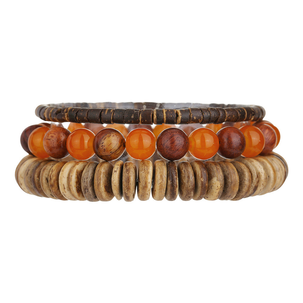 Vintage Round Wood and Agate Beaded Bracelet for Men and Women