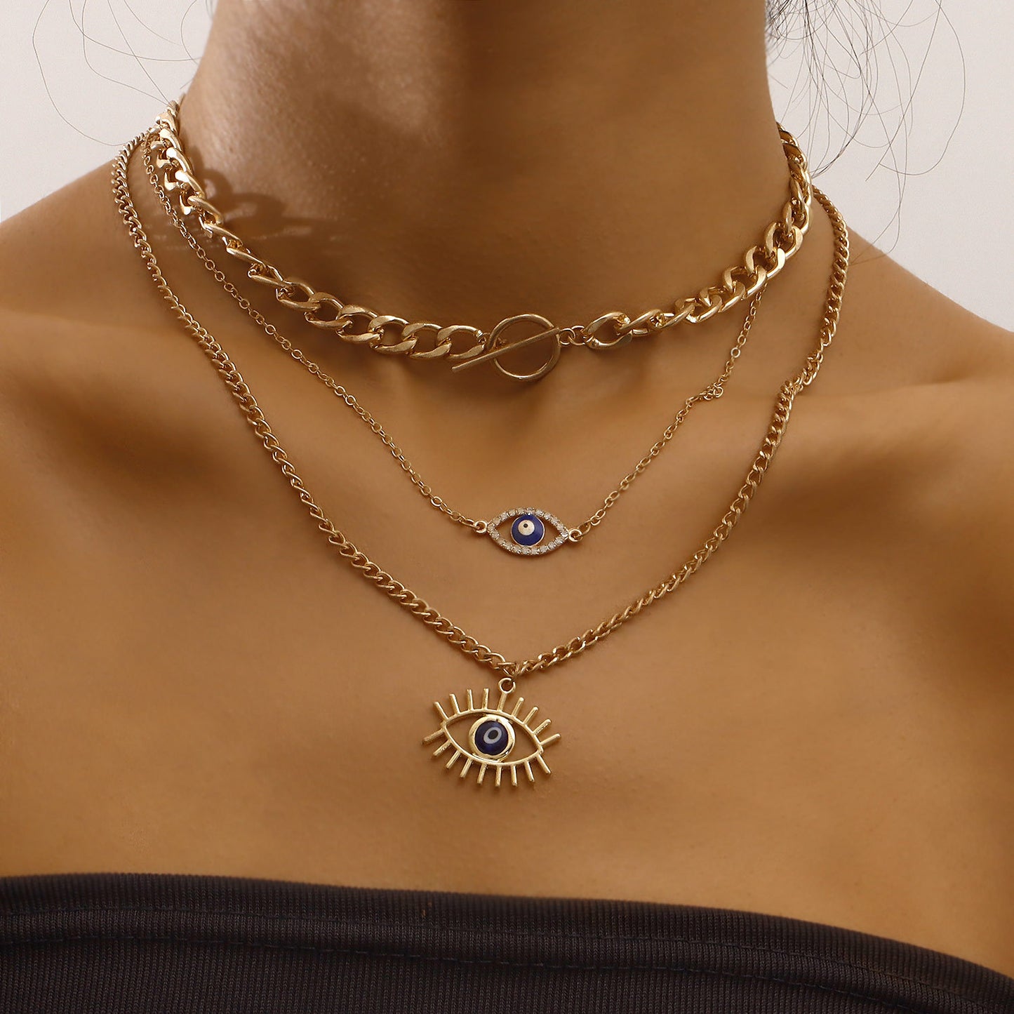 Geometric Blue Evil Eye Pendant Necklace for Women with Alloy Body and Rhinestone Inlay, Plated Finish, Clavicle Chain