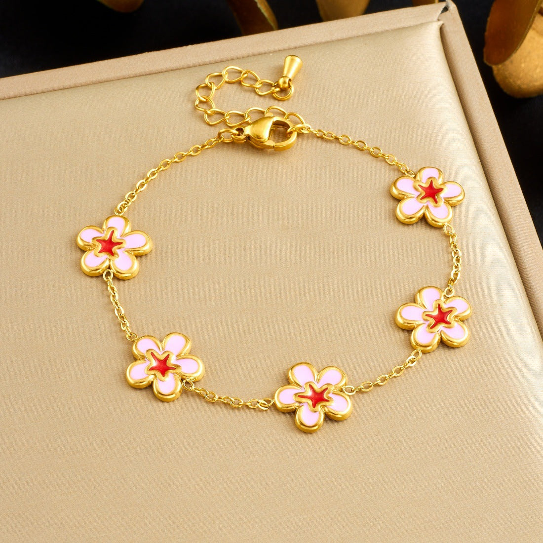 Sweet Minimalist Gold Plated Drip Oil Floral Stainless Steel Necklace Set for Women