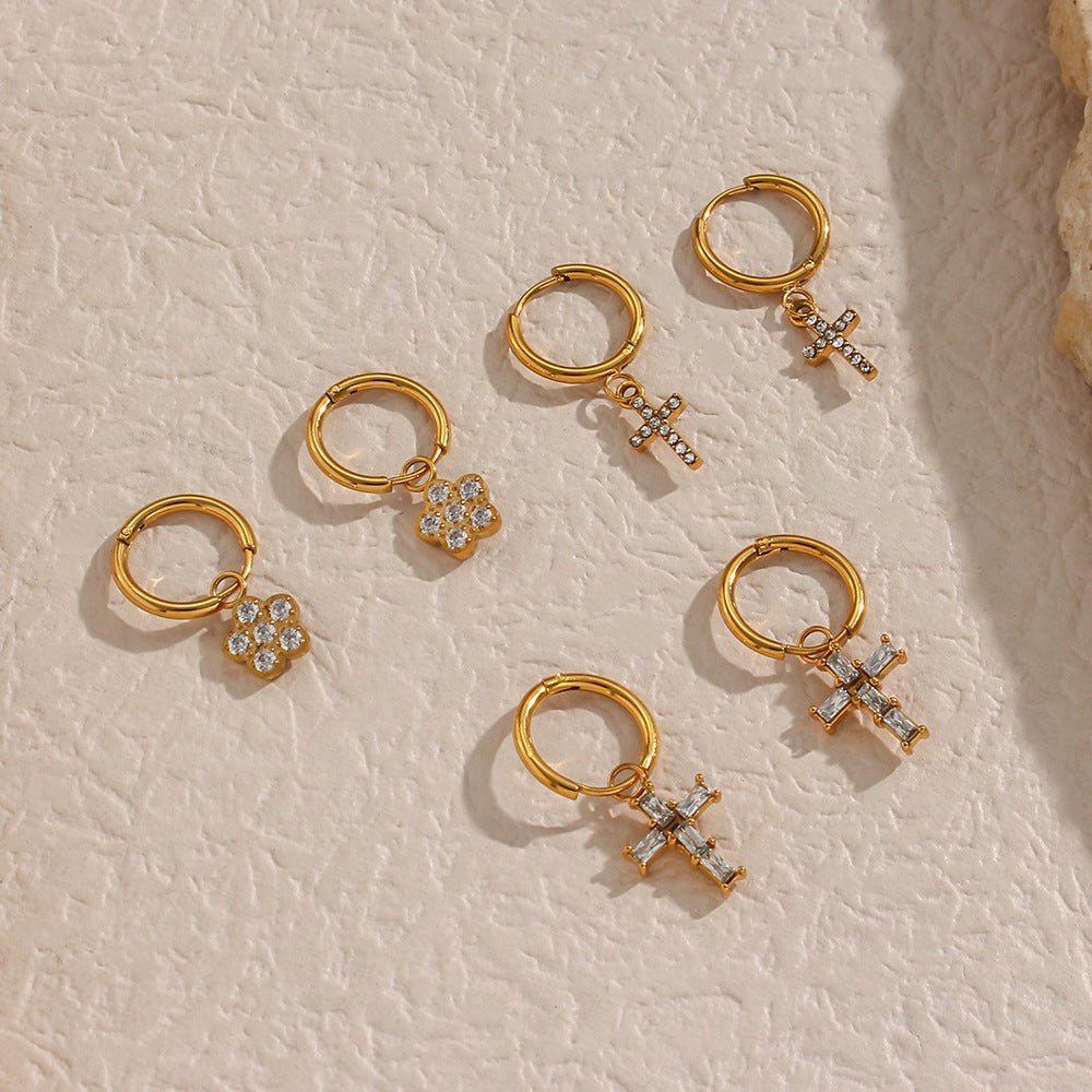 Fashionable Geometric Cross Earrings in Stainless Steel with 18K Gold Plating and Zircon Accents