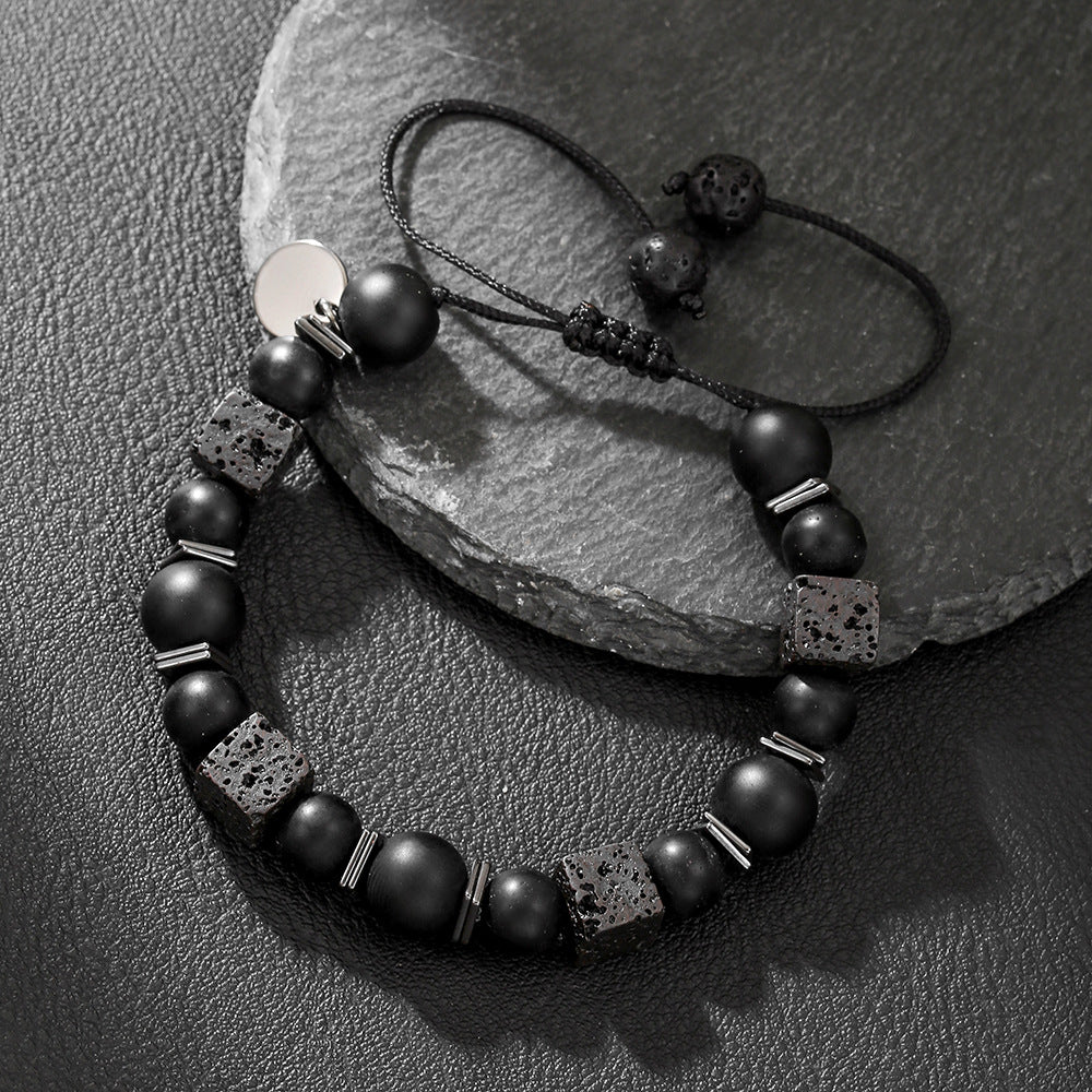 Matte Black Geometric Round Volcanic Stone and Glass Beaded Bracelet for Men and Women