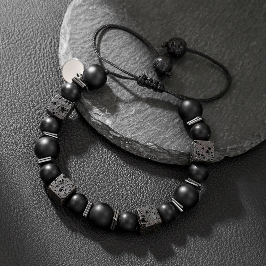 Matte Black Geometric Round Volcanic Stone and Glass Beaded Bracelet for Men and Women