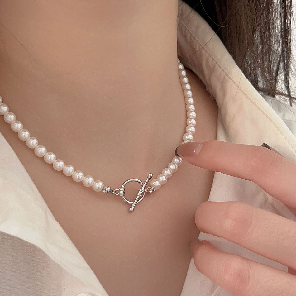 Sweet 925 Sterling Silver Geometric Round Crystal Pearl Necklace for Women
