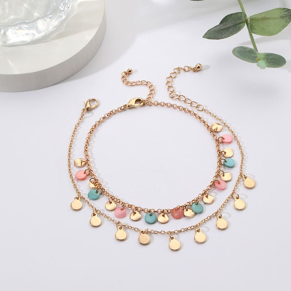 Minimalist Geometric Round Alloy Anklet Set with Disc Pendants for Women