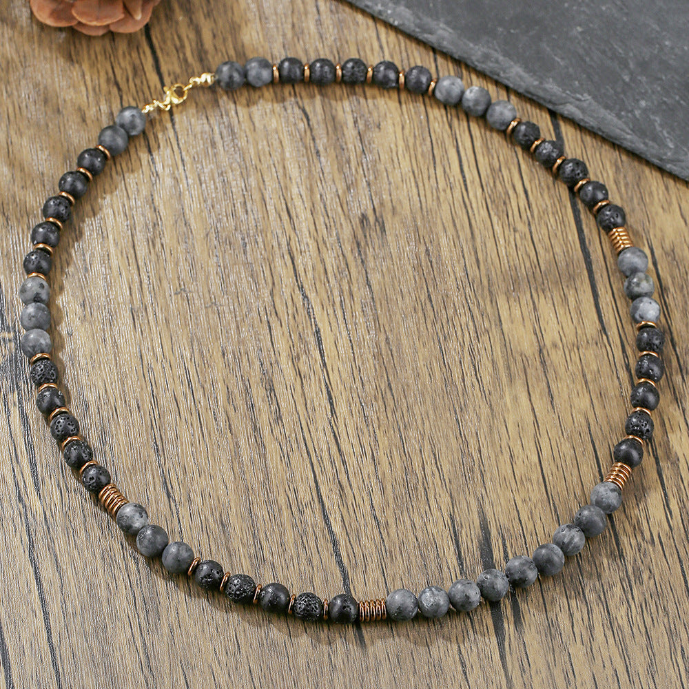Hip-hop Handmade Geometric Round Volcanic Stone Flash Stone Hematite Beaded Necklace for Unisex with Cable Chain