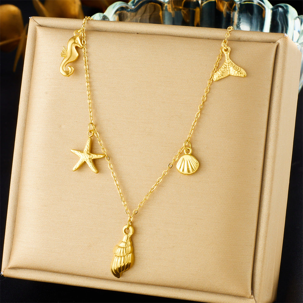 Fashion Ocean-Themed Pendant Set with Starfish and Seashell Motifs Stainless Steel Plated Necklace and Bracelet for Women