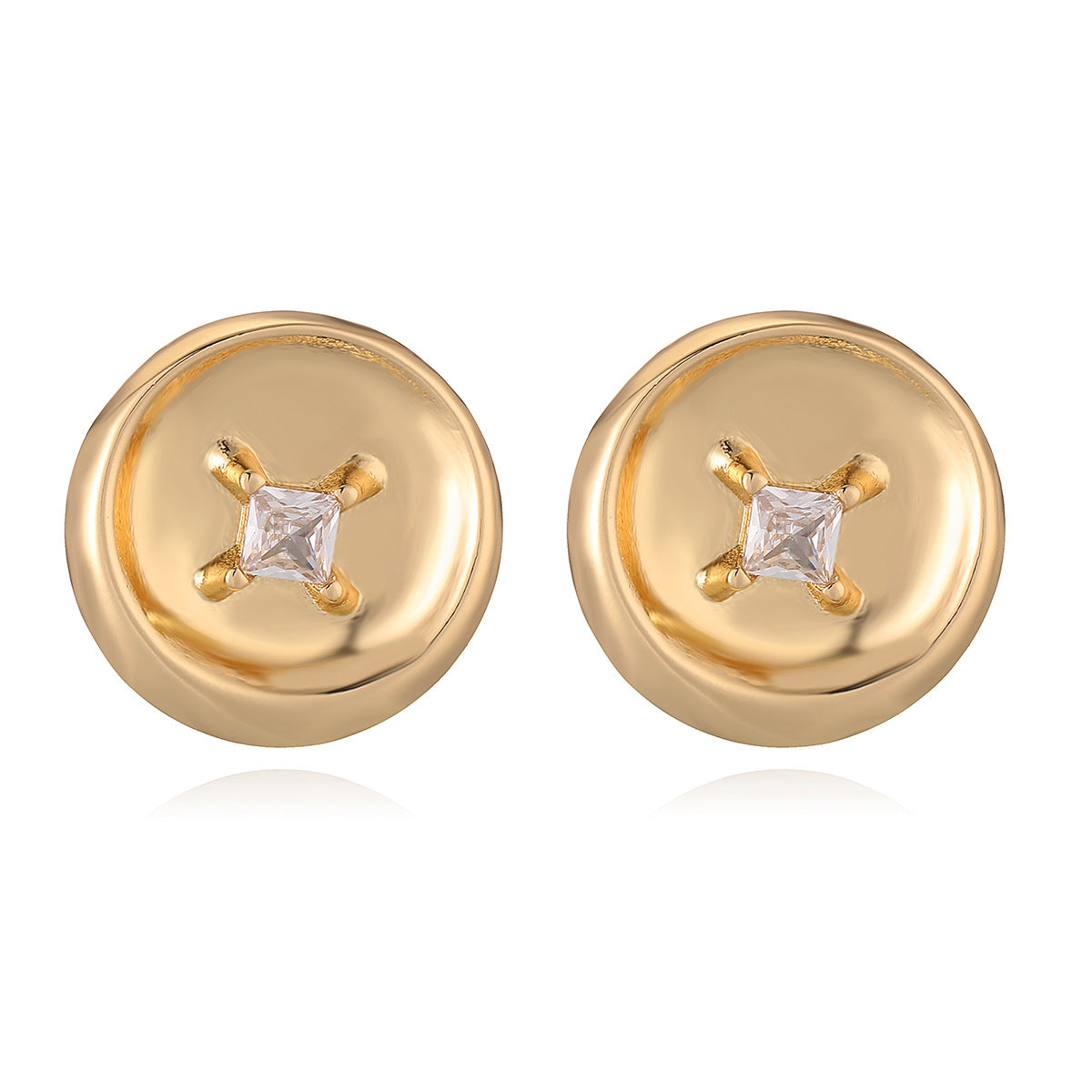 Minimalist Geometric Button Stud Earrings for Women in Brass with Gold Plating and Zircon Inlay