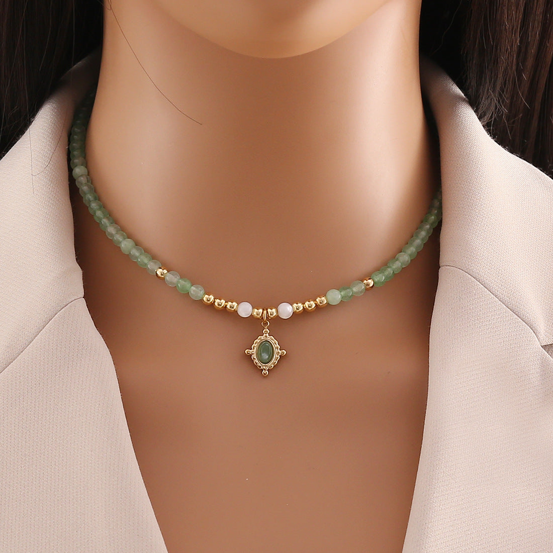 Original Design Geometric Natural Stone Beaded Necklace with Stainless Steel Clavicle Chain for Women