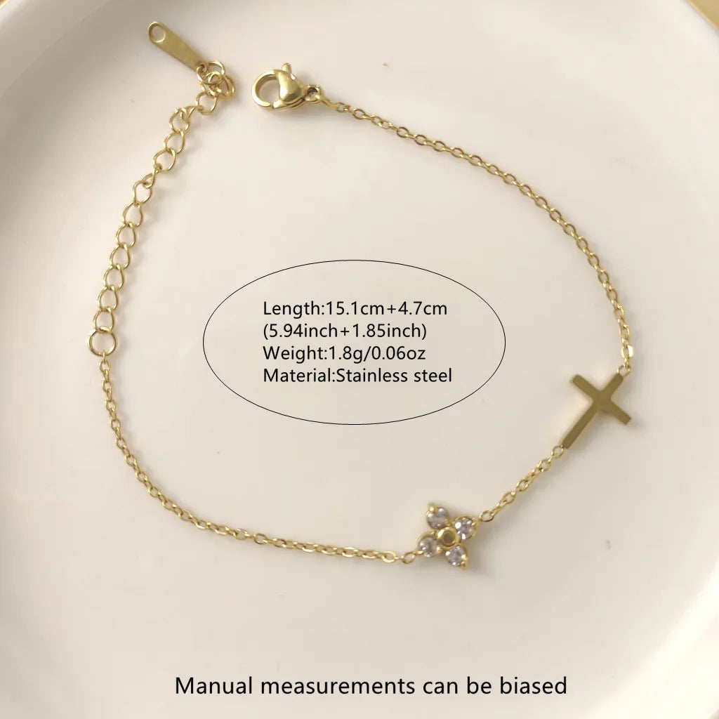 Bracciale da donna in Acciaio Inossidabile Placcato, Elegante, Minimalista, a Croce Floreale con Zirconi Cubici