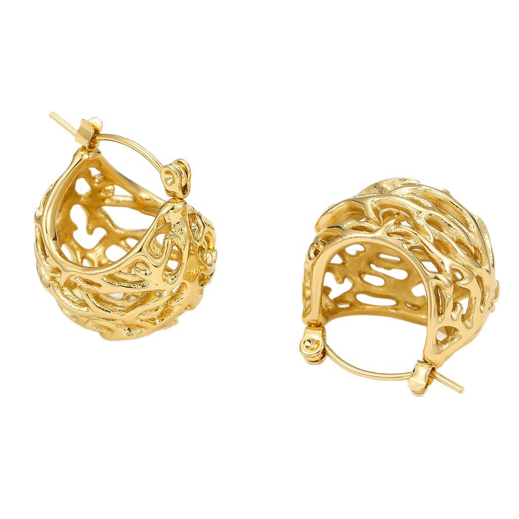 Geometric Nest-Shaped Stainless Steel Earrings with 18K Gold Plating for Women French Vintage Style