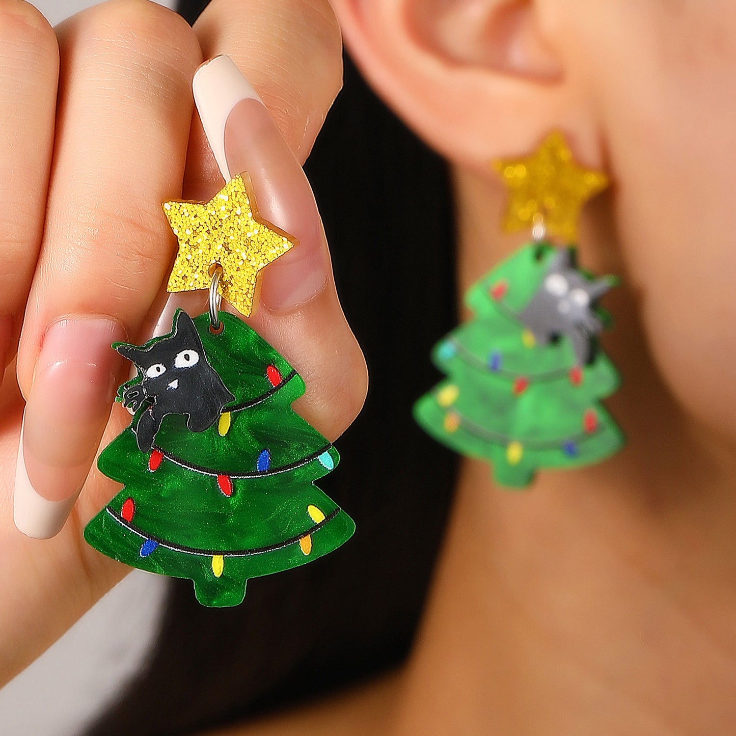 Orecchini a perno da donna creativi a forma di albero di Natale e stella, in acrilico, con perni in oro 14K e stampa fiocco di neve