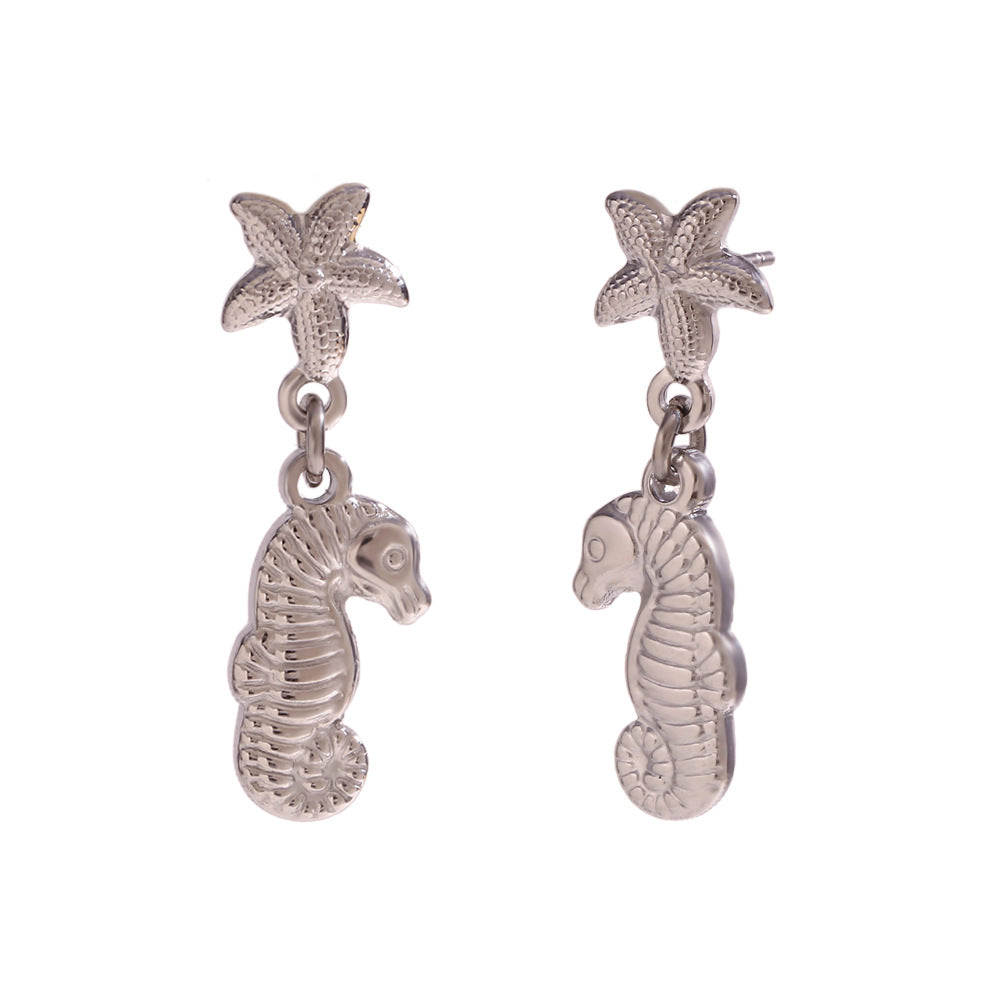 Fashionable Vintage Starfish and Seahorse Stud Earrings for Women in Stainless Steel with 18K Gold Plating