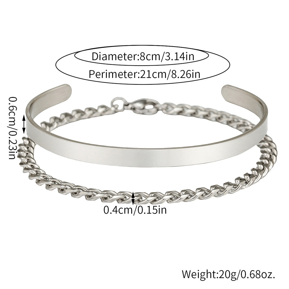 Hip-hop Round Stainless Steel Cuban Link Chain Open Cuff Bracelet for Men and Women
