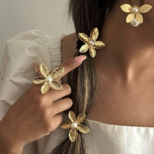 Fashion Polished Alloy Flower Butterfly Imitation Pearl Hair Tie