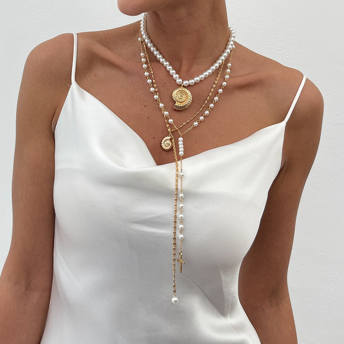 Sweet Geometric Cross Alloy Pendant Pearl Beaded Necklace for Women