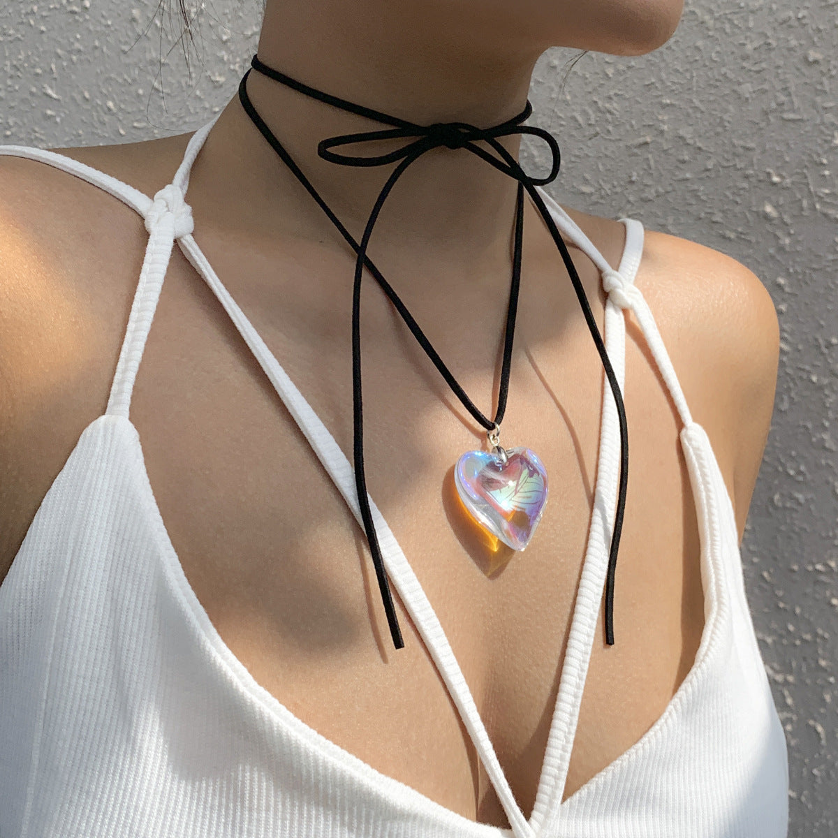 Sweet and Edgy Heart-Shaped Alloy Pendant Necklace with Plated Finish, Long Tassel Design on Velvet Wax Cord for Women