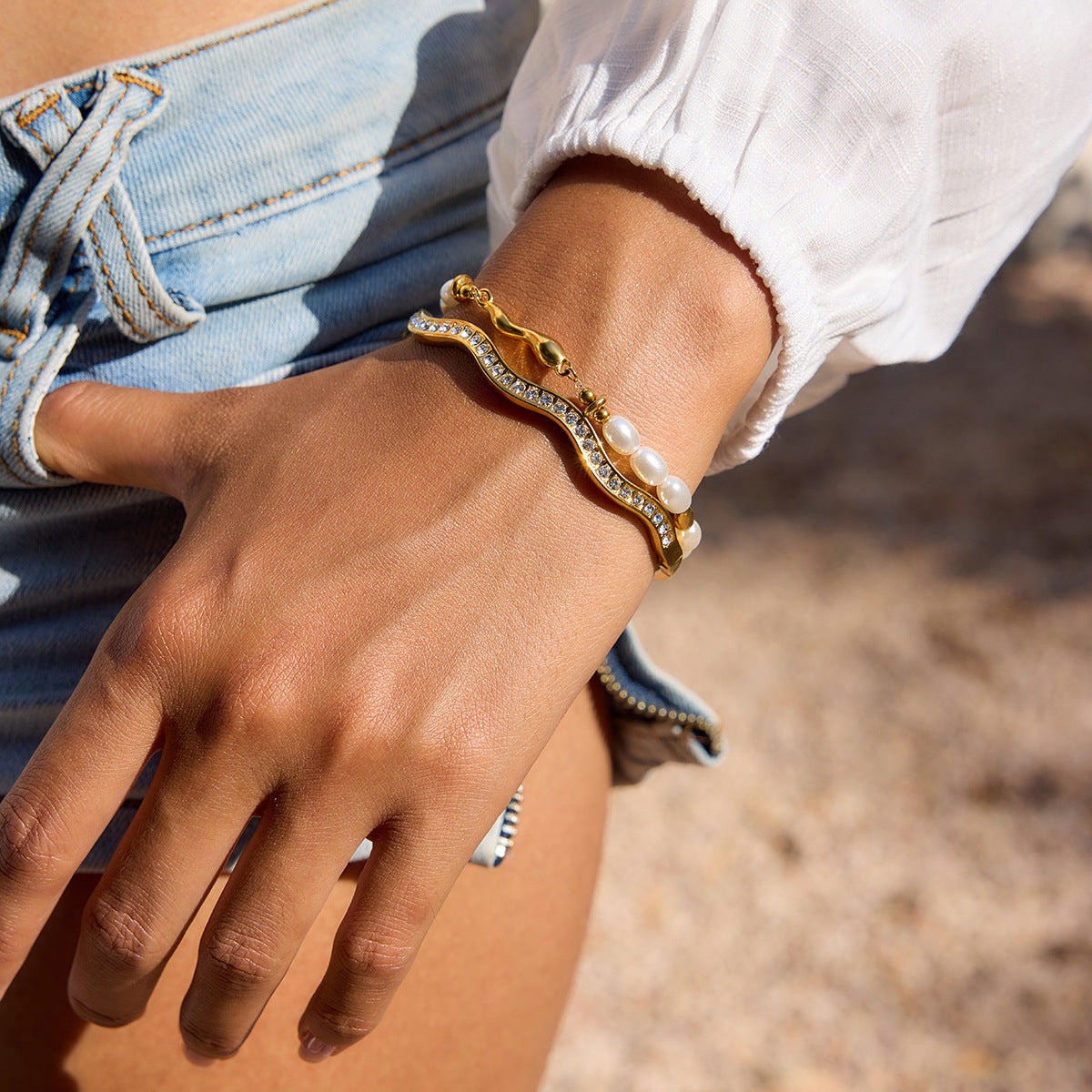 Pulsera geométrica de acero inoxidable con diamantes de imitación para mujer con acabado chapado, joyería de lujo
