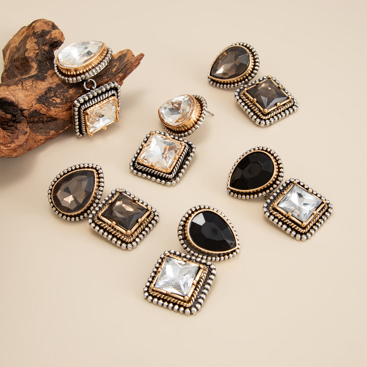 Vintage Luxury Geometric Square Zinc Alloy Plated Rhinestone Earrings for Women