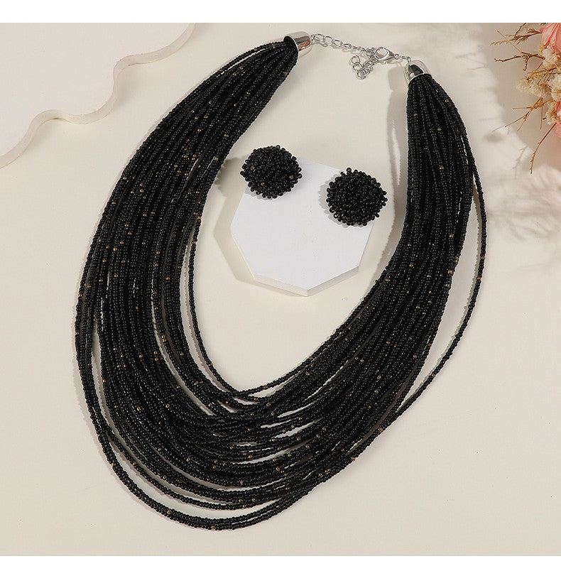 Bohemian Multi-Layer Glass Seed Bead Necklace and Earrings Set for Women with Line Pattern and Ethnic Design