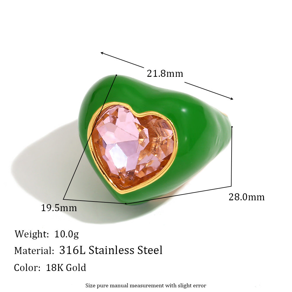 Anello da donna alla moda minimalista a forma di cuore in acciaio inossidabile con placcatura in oro 18 carati e finitura smaltata