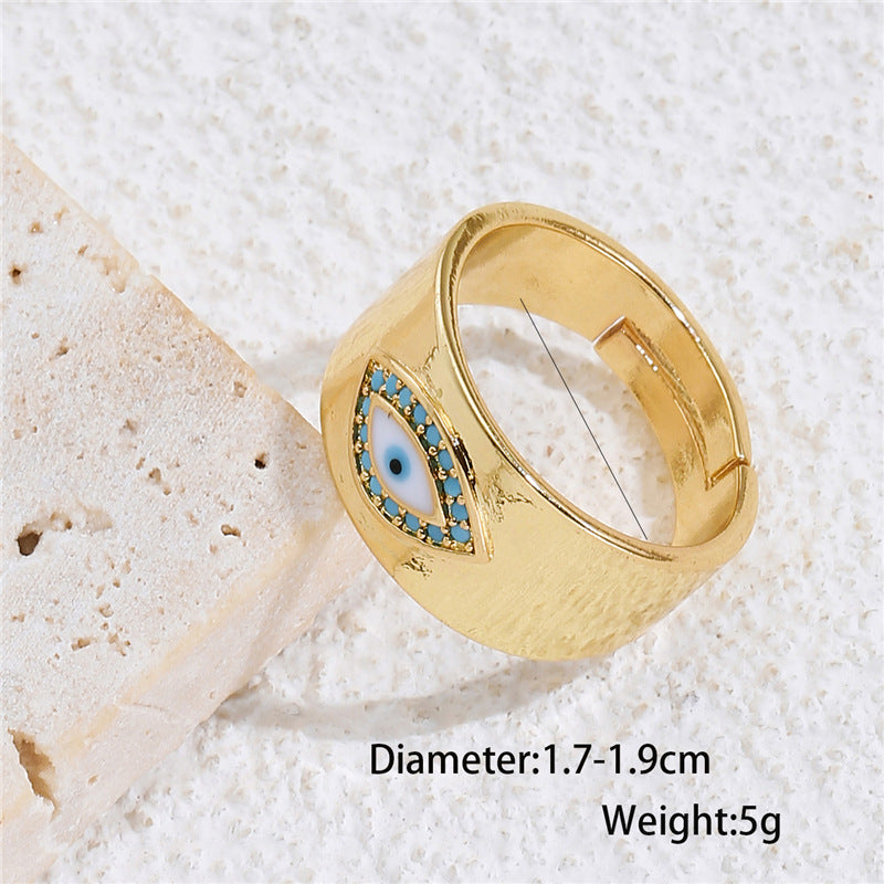 Geometric Open Ring with Turquoise and Cubic Zirconia Inlay, Gold-Plated Copper, Bohemian Style