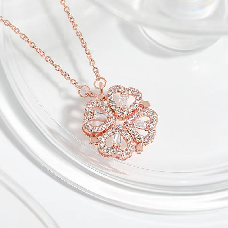 Dainty Heart-Shaped Titanium Steel Necklace with Gold Plating for Women, Four-Leaf Clover Pendant, Water Wave Chain, Elegant Clavicle Jewelry Gift