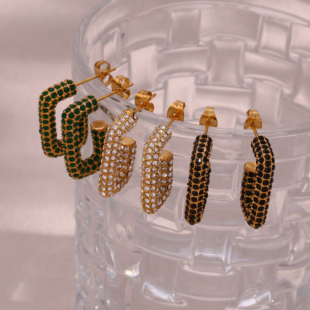 Fashionable Geometric Stainless Steel Hoop Earrings for Women with Plated Finish and Cubic Zirconia Accents