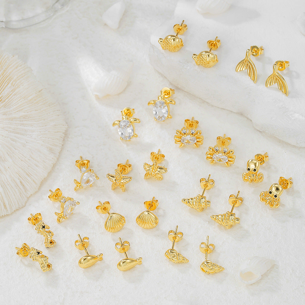 Fashion OL Octopus Shell Conch Starfish Turtle Ear Studs for Women with Copper Base and Gold Plating Featuring Rhinestone Accents