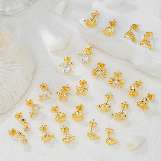 Pendientes de mujer con forma de pulpo, concha, caracola, estrella de mar y tortuga, con base de cobre y chapado en oro, con incrustaciones de diamantes de imitación.