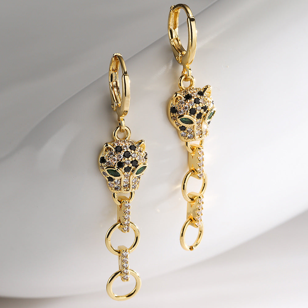 Minimalist Leopard-Shaped Copper Pendant Earrings with 18K Gold Plating and Micro-Pavé Setting for Women