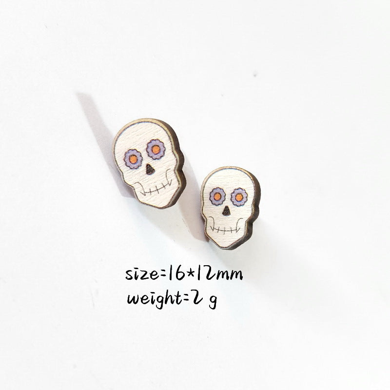 Pendientes de Halloween de Madera Estilo Caricatura con Calavera, Murciélago, Sombrero de Bruja y Ataúd para Mujer