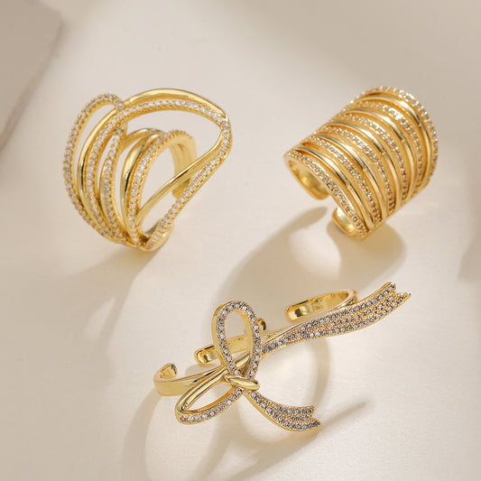Anillo de Cobre con Diseño Geométrico Irregular, Chapado en Oro de 18K e Incrustaciones de Circonita, para Mujer, Sortija Llamativa y a la Moda