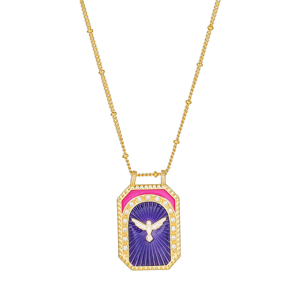 Geometric Gold Plated Brass Drip Oil Cubic Zirconia Inlay Tarot Necklace with Cable Chain