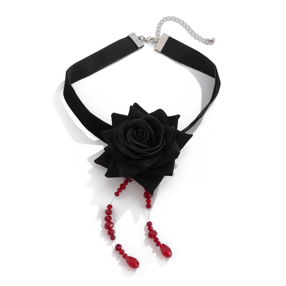 Girocollo in Tessuto Punk Gothic Dolce con Ciondolo a Goccia di Sangue, Design Floreale a Rosa e Dettagli Nappa per Donne