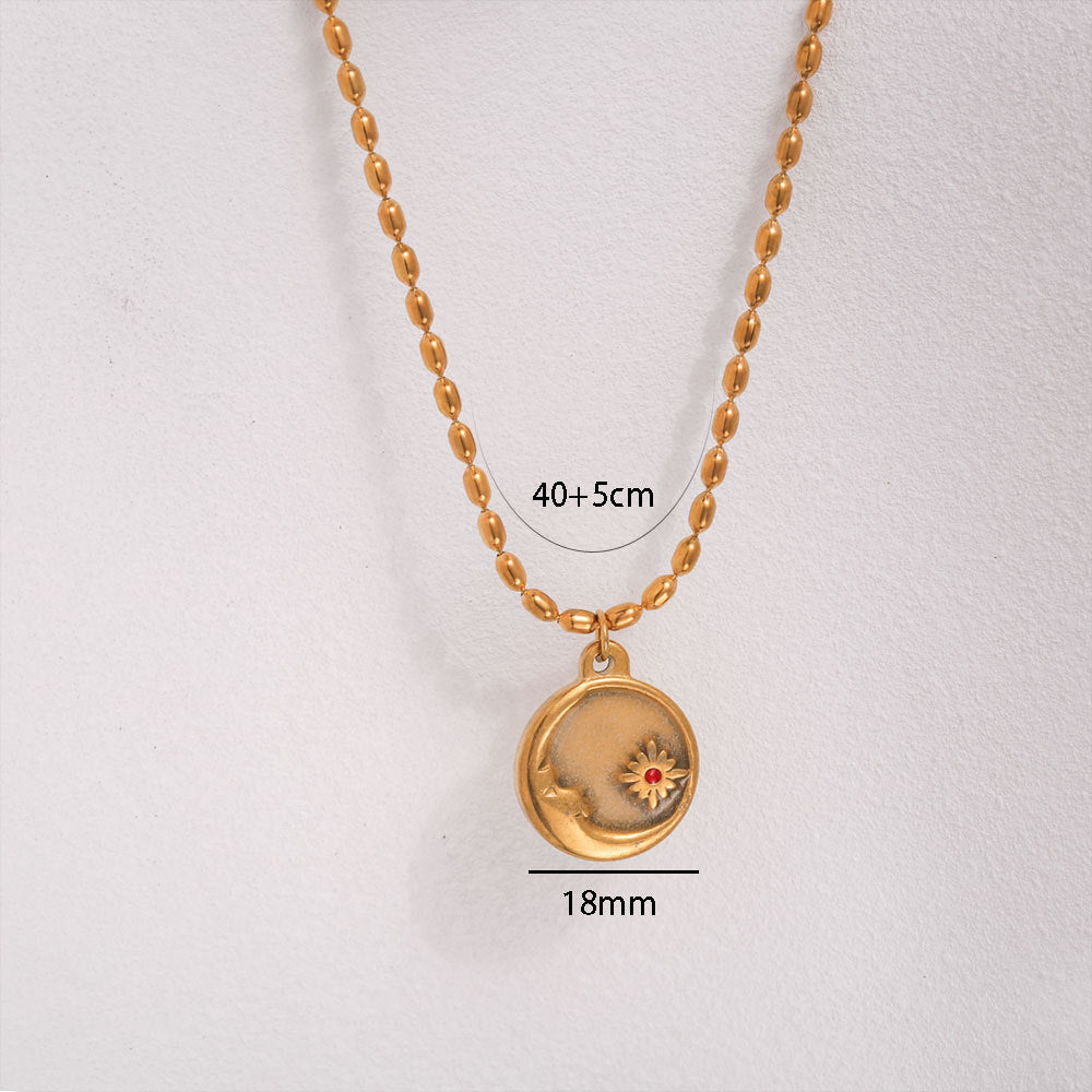 Collar Redondo con Moneda 3D Retro de Sol y Luna que Brilla en la Oscuridad, de Acero Inoxidable con Chapado en Oro de 18K, Cadena a la Clavícula con Destellos