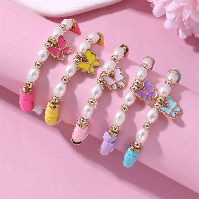 Set di braccialetti bohémien per bambini in argilla polimerica con ciondoli smaltati a forma di farfalla e stella, per bambine dai 6 ai 10 anni