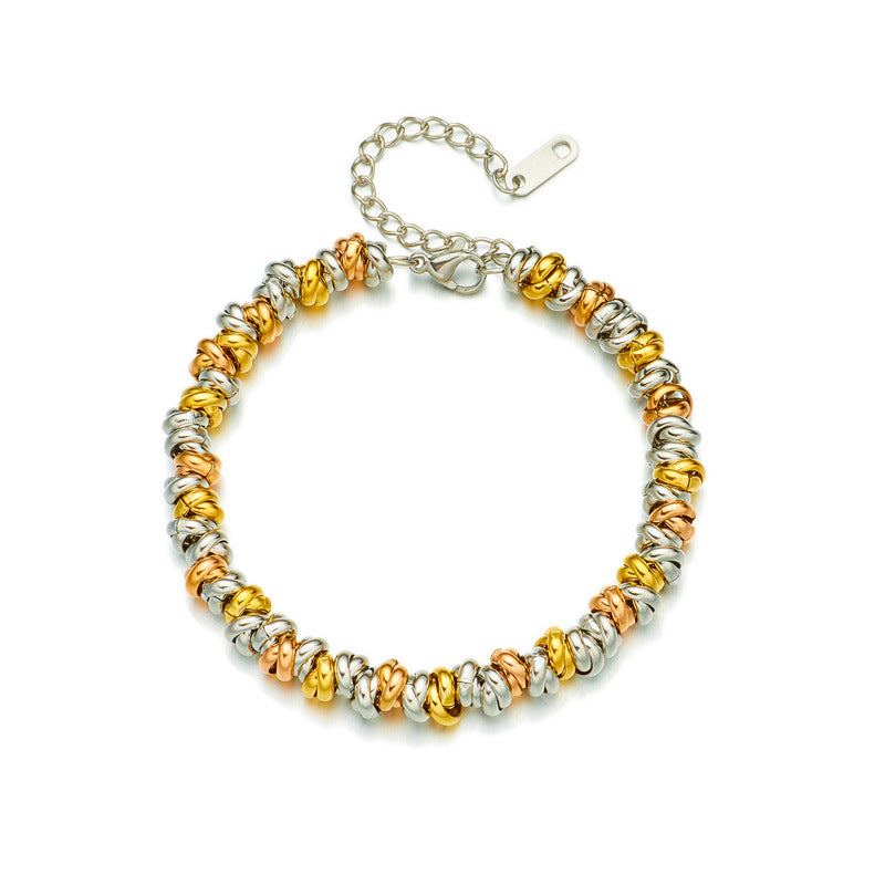 Pulsera Trenzada de Cuentas de Acero de Titanio Minimalista a la Moda con Eslabones Circulares y Acabado Chapado