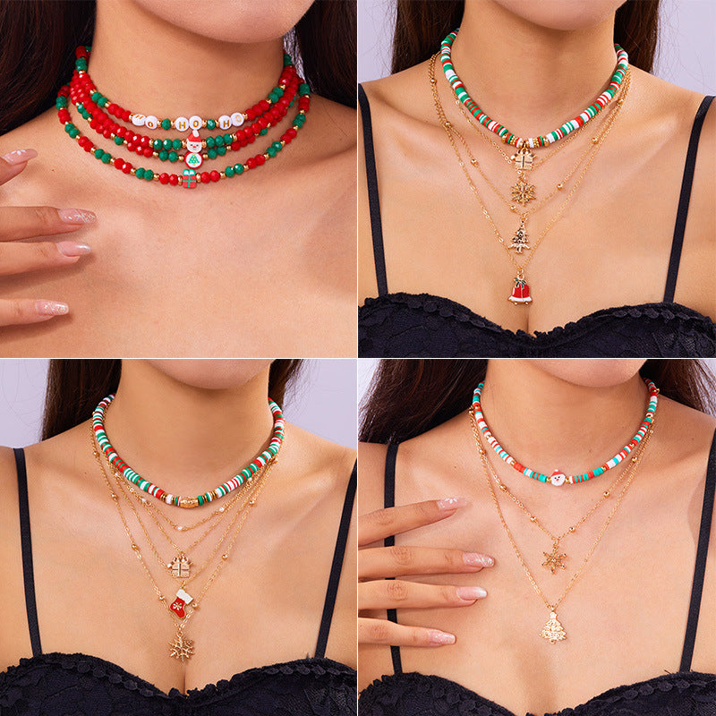 Handmade Crystal Beaded Multi-Layer Choker Necklace Set with Santa Claus and Snowflake Motifs in Geometric and Animal Shapes Alloy Metal with Enamel Finish for Women
