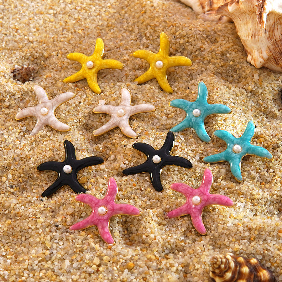 Exaggerated Geometric Starfish Drip Oil Plated Stainless Steel Earrings for Women