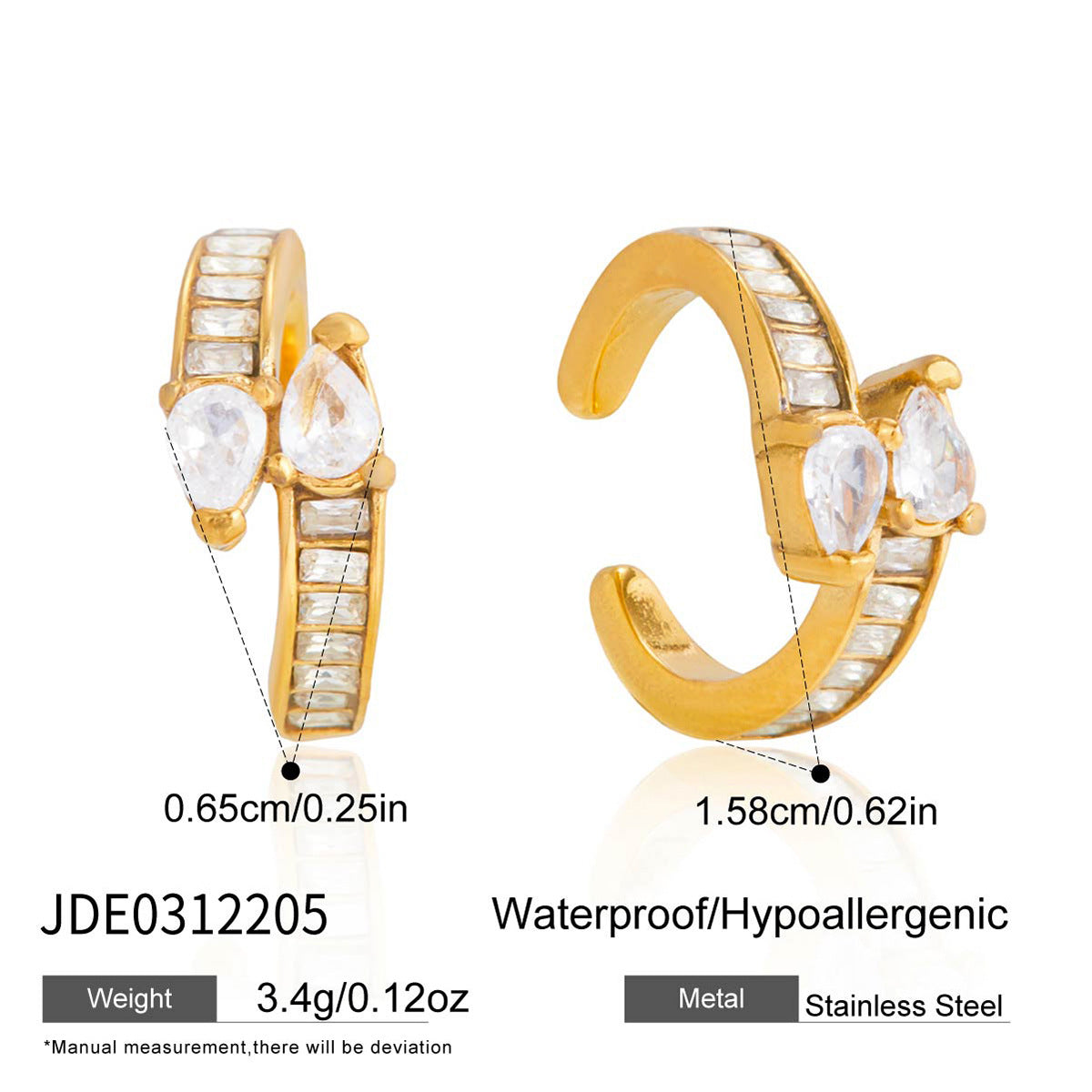 Elegant Teardrop Geometric Stainless Steel Cubic Zirconia Plated Ear Cuff Earrings for Women
