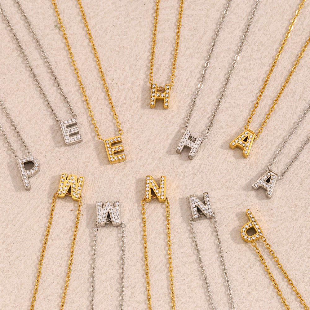 Minimalist Fashion Letter Pendant Necklace for Women Stainless Steel with 18K Gold Plating and Rhinestone Inlay