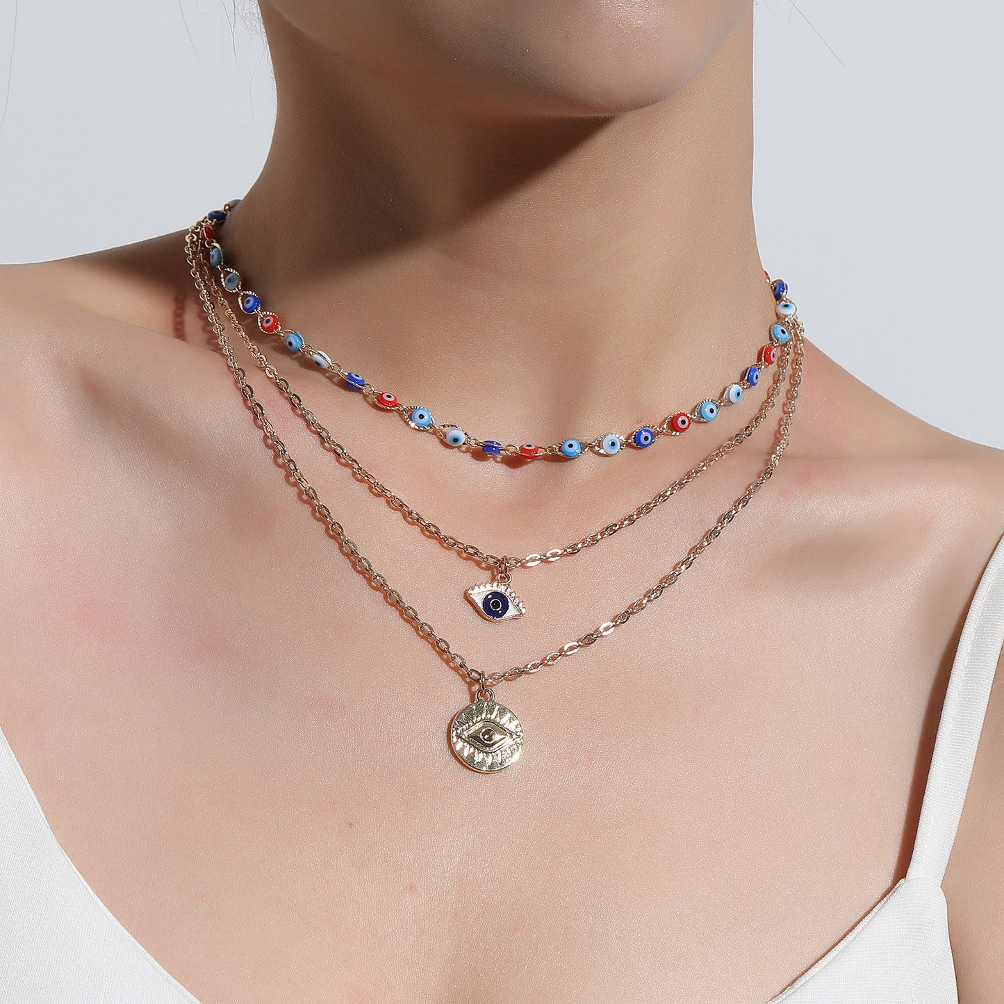 Collana con Ciondolo Occhio di Allah Geometrico Stile Punk da Donna, Catena Clavicola Placcata in Lega