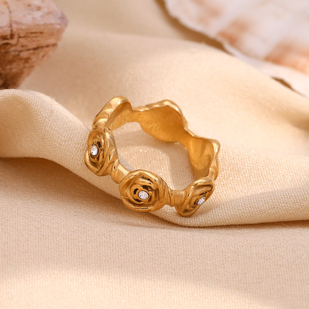 Vintage Fashion Geometric Rose Stainless Steel 18K Gold Plated Ring for Women
