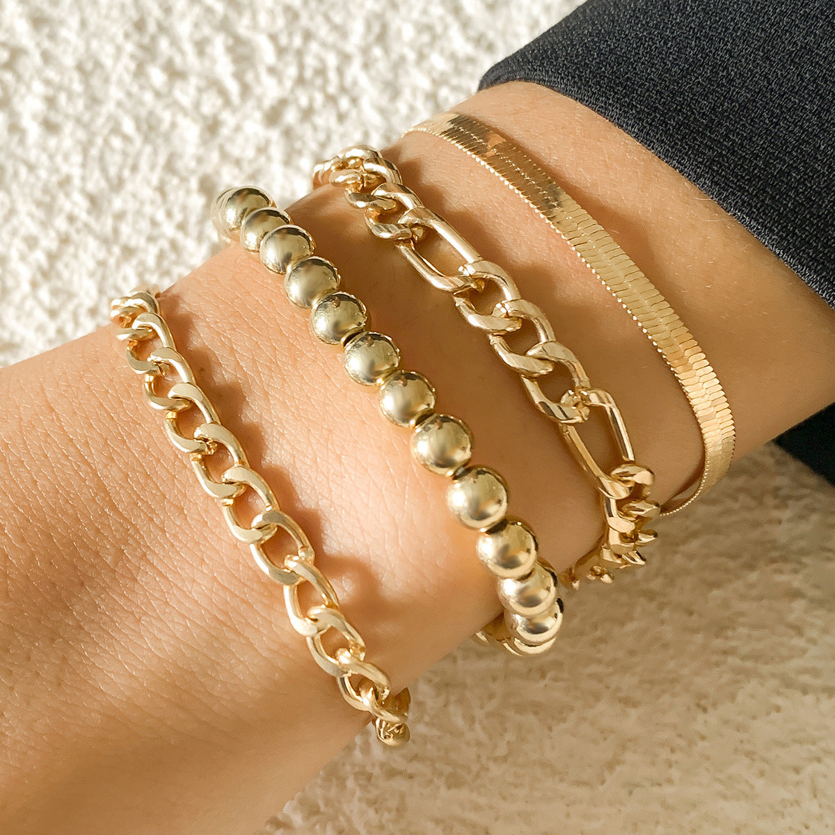 Vintage Punk Hip-hop Plated Brass Snake Chain and Ball Chain Bracelet Set for Women