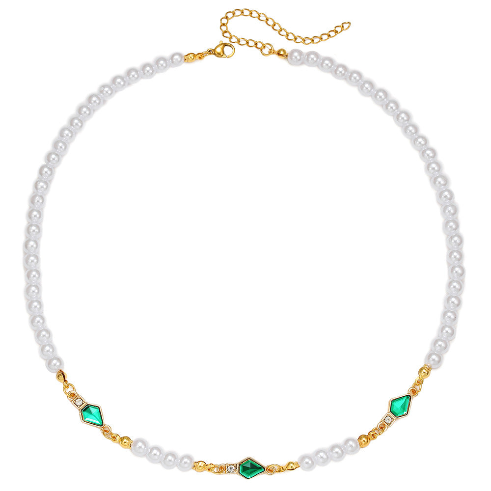 Unique Geometric Imitation Pearl Plated Ball Chain Necklace with Rhinestone Inlay for Unisex
