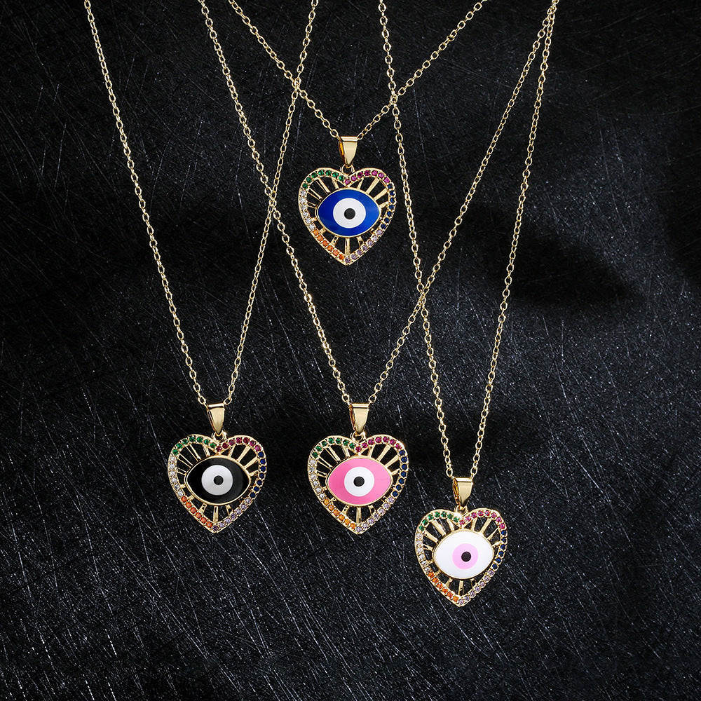 Minimalist Lucky Heart Enamel Evil Eye Pendant Necklace for Women in Brass with 18K Gold Plating and Colored Zircon