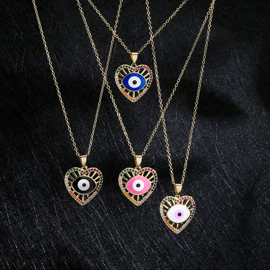 Collana girocollo da donna con ciondolo a cuore portafortuna smaltato e occhio di Allah, in ottone placcato oro 18 carati e zirconi colorati
